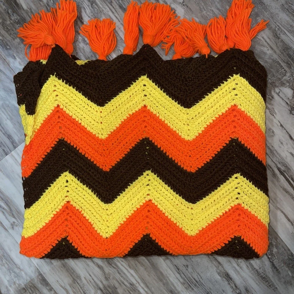 VIntage Crochet Knit Afghan Throw Blanket Chevron Zigzag MCM Fall Colors Tassels